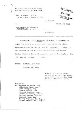 Order by the Honorable John T. Elfvin, United States District Court, Western District of New York in the matter of Akil Al-Jundi, et al. v. Rockefeller et al.