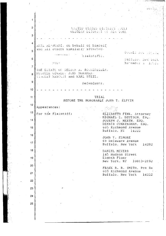 Transcript of the jury trial before the Honorable John T. Elfvin, United States District Court, Western District of New York.