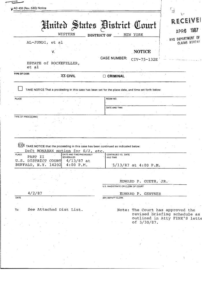 Notice, United States District Court, Western District of New York in the matter of Akil Al-Jundi, et al. v. Estate of Nelson A. Rockefeller, et al.