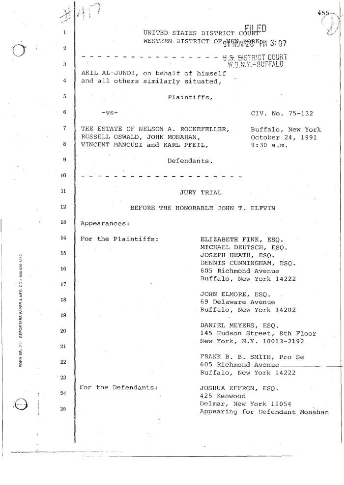 Transcript of the jury trial before the Honorable John T. Elfvin, United States District Court, Western District of New York.