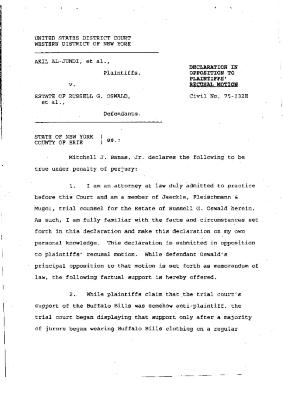 Declaration in Opposition to Plaintiffs' Recusal Motion in the matter of Akil Al-Jundi, et al. v. Estate of Russell G. Oswald, et al.