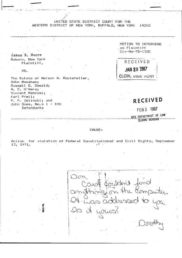 Motion to Intervene, United States District Court, Western District of New York in the matter of James R. Moore v. Estate of Nelson A. Rockefeller, et al.