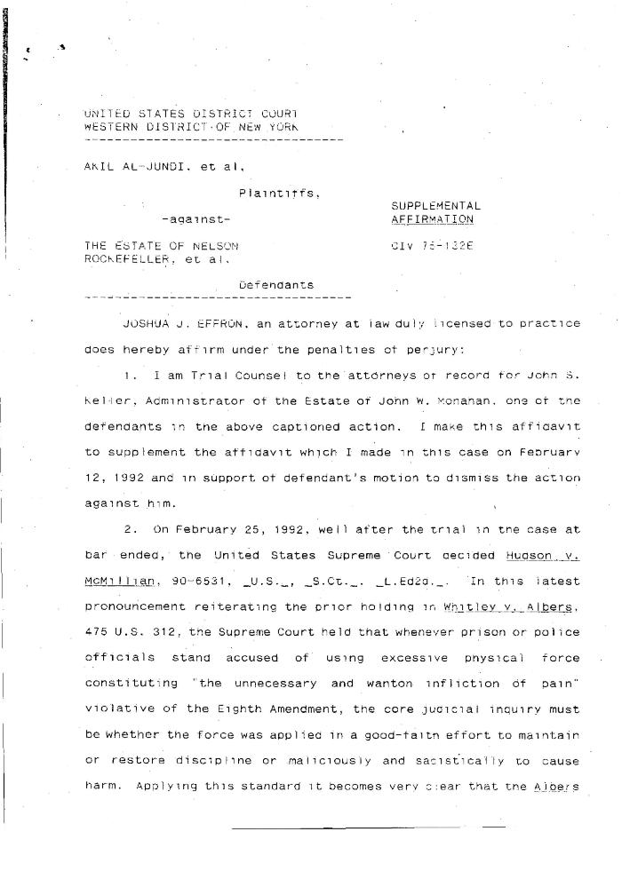 Supplemental Affirmation in the matter of Akil Al-Jundi, et al. against The Estate of Nelson Rockefeller, et al.