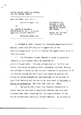 Affirmation of Richard E. Moot in Opposition to Motion to Dismiss the Appeal in the matter of Akil Al-Jundi et al. vs. Rockefeller, et al.