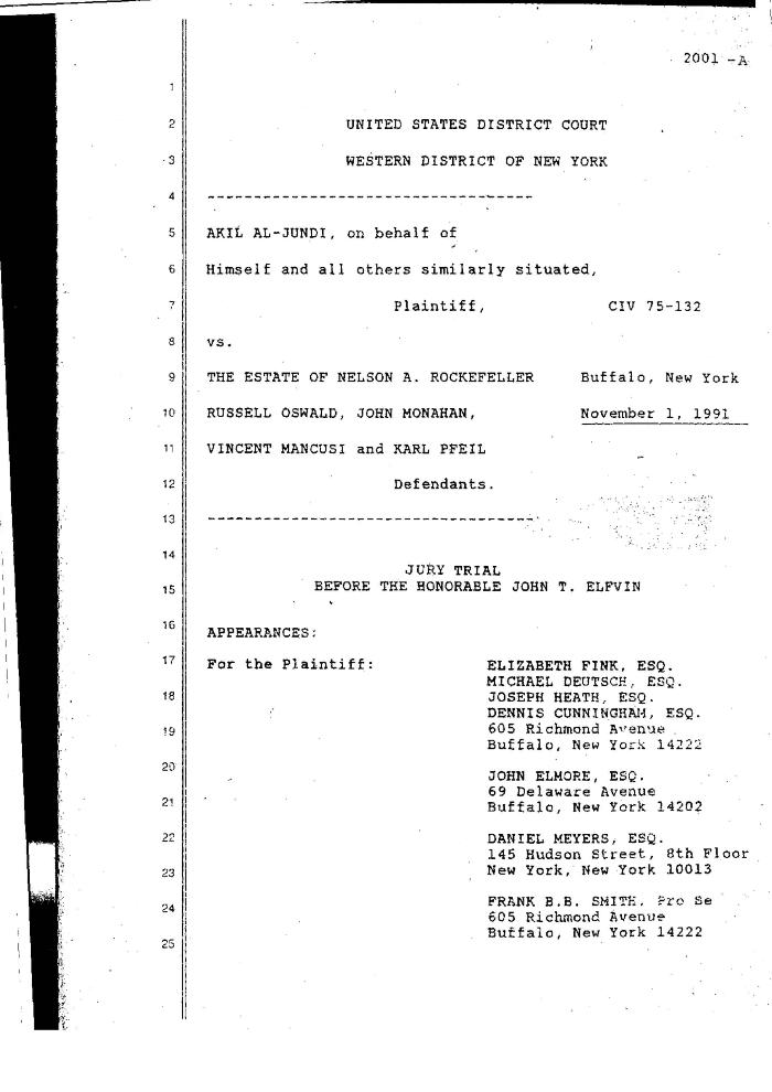 Transcript of the jury trial before the Honorable John T. Elfvin, United States District Court, Western District of New York.