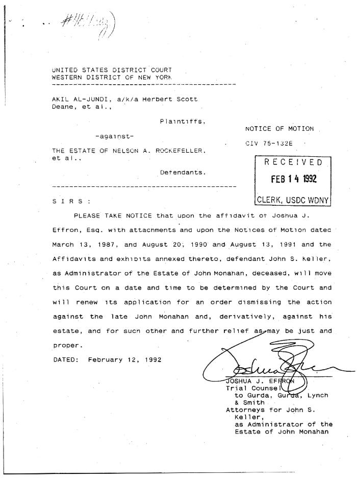 Notice of Motion in the matter of Akil Al-Jundi, et al. against The Estate of Nelson A. Rockefeller