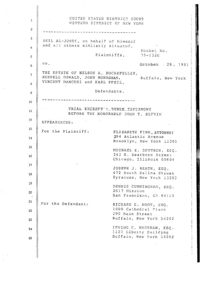 Transcript of the jury trial before the Honorable John T. Elfvin, United States District Court, Western District of New York.