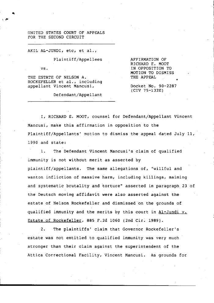 Affirmation of Richard E. Moot in Opposition to Motion to Dismiss the Appeal in the matter of Akil Al-Jundi et al. vs. Rockefeller, et al.