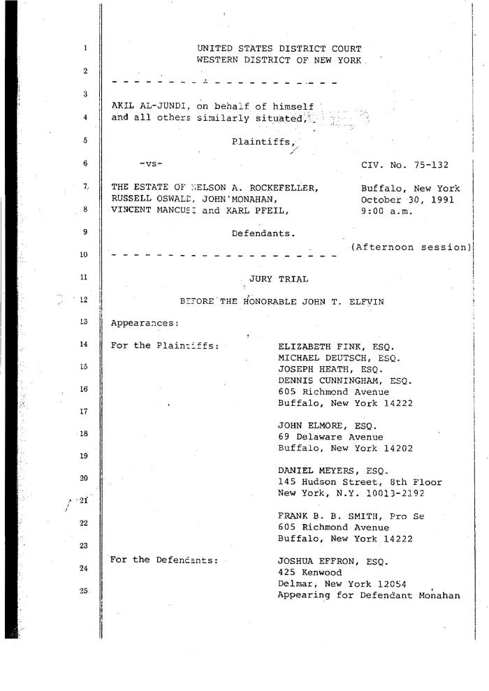 Transcript of the jury trial before the Honorable John T. Elfvin, United States District Court, Western District of New York.