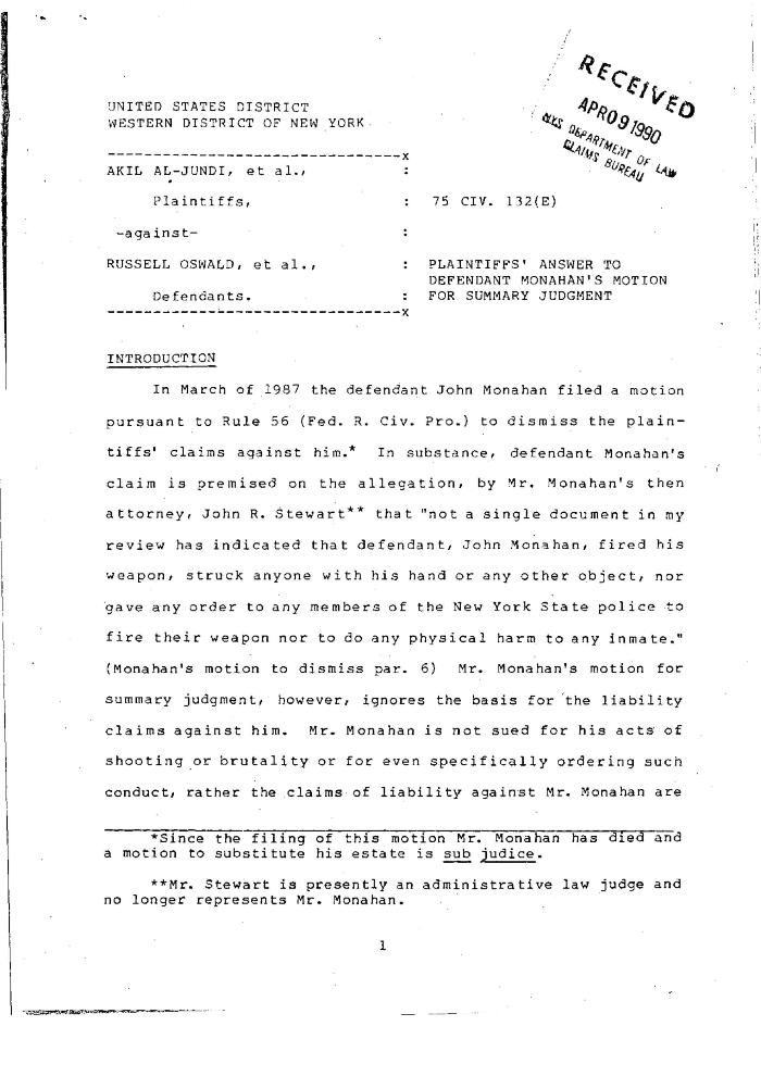 Plaintiffs' Answer to Defendant Monahan's Motion for Summary Judgment in the matter of Akil Al-Jundi et al. against Russell Oswald, et al.