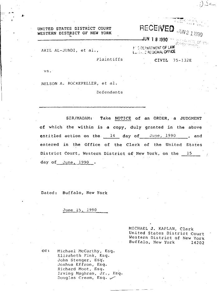 Memorandum and Order by the Honorable John T. Elfvin, United States District Court, Western District of New York in the matter of Akil Al-Jundi, et al. v. Nelson A. Rockefeller et al.