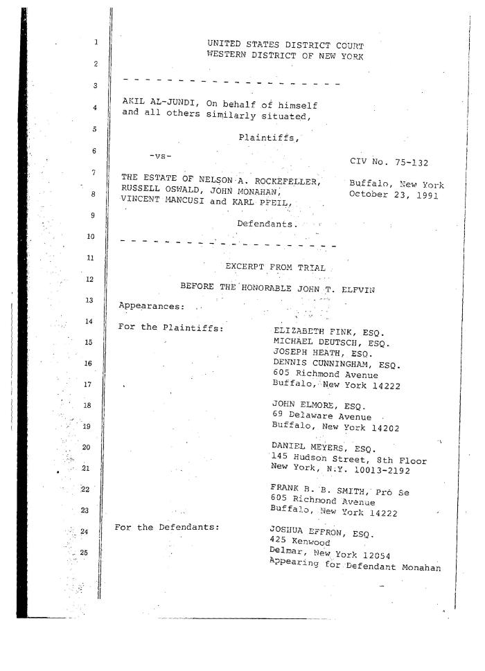 Transcript of the jury trial before the Honorable John T. Elfvin, United States District Court, Western District of New York.