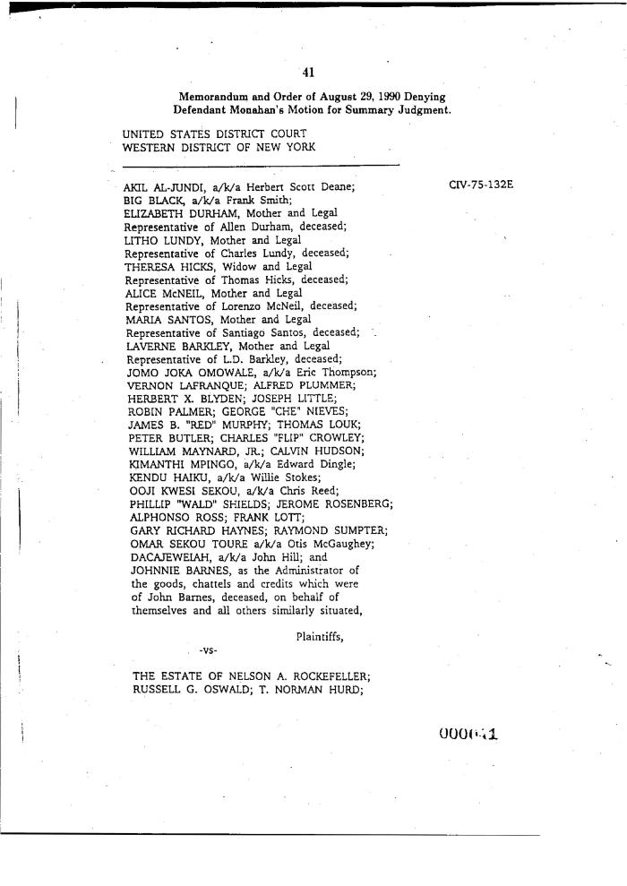 Memorandum and Order by the Honorable John T. Elfvin, United States District Court, Western District of New York, in the matter of Akil Al-Jundi, et al. v. Rockefeller, et al.