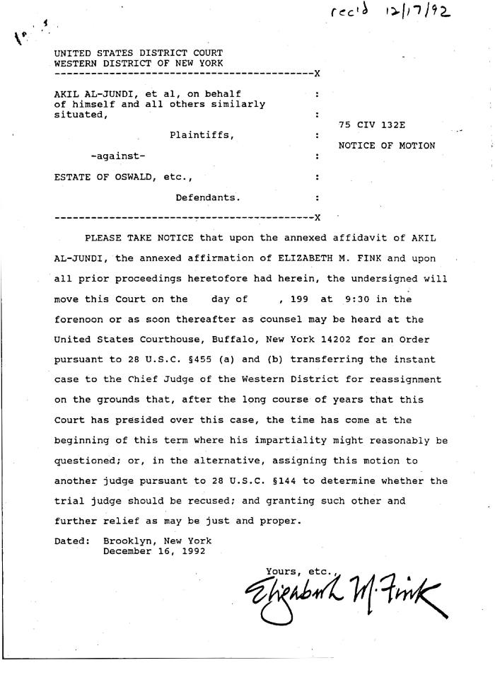 Notice of Motion in the matter of Akil Al-Jundi, et al. on behalf of himself and all others similarly situated against Estate of Oswald, etc.