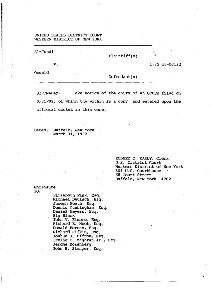 Order by the Honorable John T. Elfvin, United States District Court, Western District of New York in the matter of Akil Al-Jundi, et al. v. Nelson A. Rockefeller et al.
