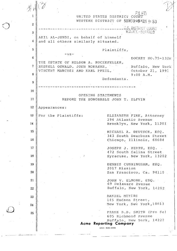 Transcript of the opening statements of jury trial before the Honorable John T. Elfvin, United States District Court, Western District of New York.