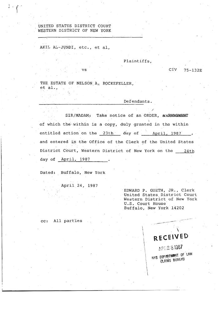 Order by the Honorable John T. Elfvin, United States District Court, Western District of New York in the matter of Akil Al-Jundi, et al. v. Nelson A. Rockefeller et al.