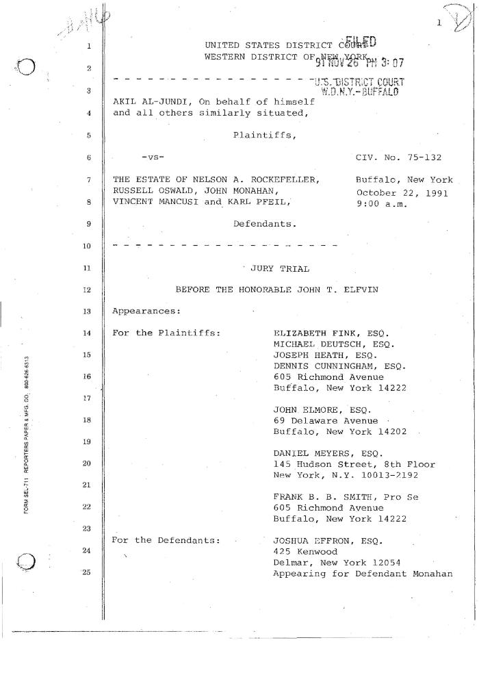Transcript of the jury trial before the Honorable John T. Elfvin, United States District Court, Western District of New York.