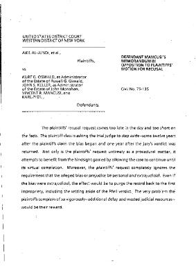 Defendant Mancusi's Memorandum in Opposition to Plaintiffs' Motion for Recusal in the matter of Akil Al-Jundi, et al. vs Oswald, et al.