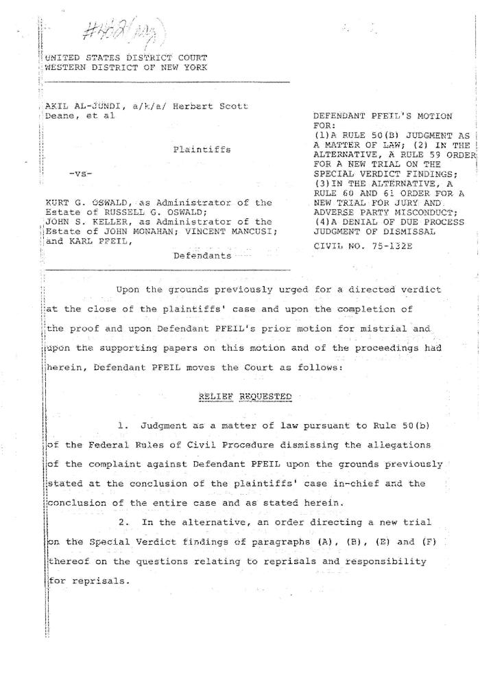 Defendant Pfeil's Motion for Relief in the matter of Akil Al-Jundi, et al. vs. Oswald, et al.