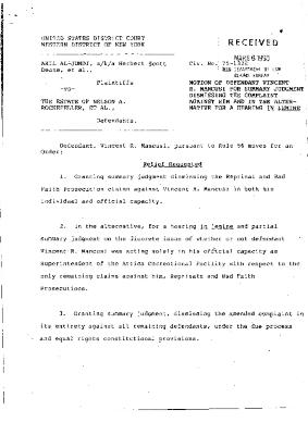 Motion of Defendant Mancusi for Summary Judgment Dismissing the Complaint Against Him and in the Alternative for a hearing In Lemine in the matter of Akil Al-Jundi, et al. vs. Rockefeller, et al.