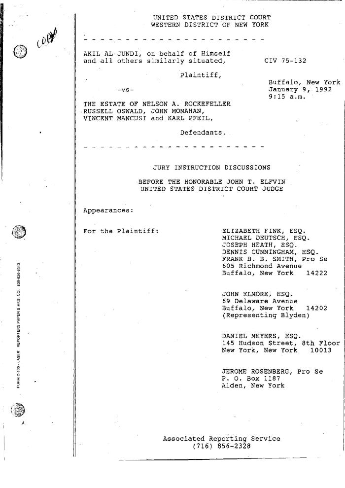 Transcript of the jury trial before the Honorable John T. Elfvin, United States District Court, Western District of New York.