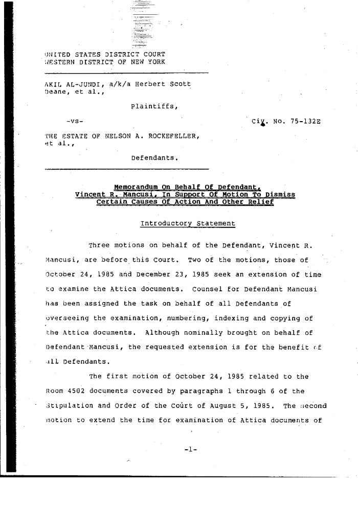 Memorandum on Behalf of Defendant, Vincent R. Mancusi, in Support of Motion to Dismiss Certain Causes of Action and Other Relief in the matter of Akil Al-Jundi, et al. v. Rockefeller, et al.