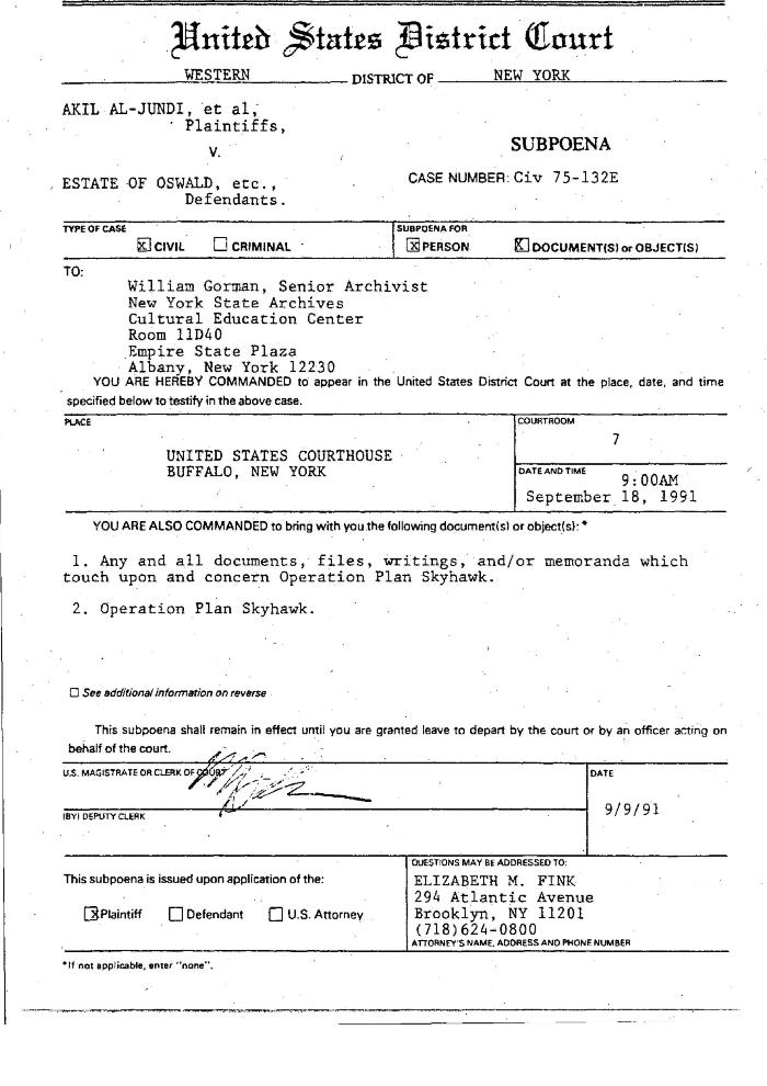 Subpoena for Documents Related to Operation Plan Skyhawk