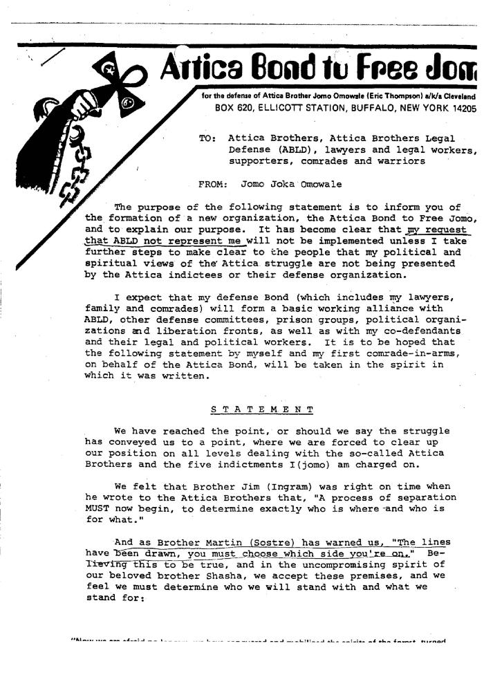 Statement of the Attica Bond to Free Jomo