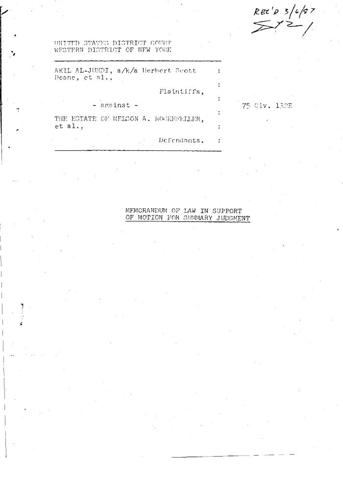 Memorandum of Law in Support of Motion for Summary Judgment in the matter of Akil Al-Jundi, et al. against Rockefeller, et al.