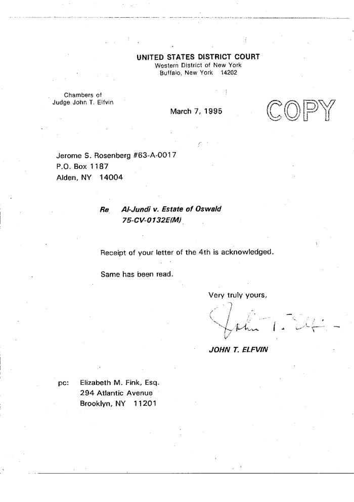 Letter from Hon. John T. Elfvin to Jerome Rosenberg Regarding Prior Correspondence