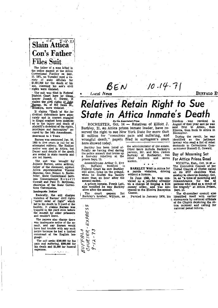 Press Coverage of Attica Family Members' Suits Against State