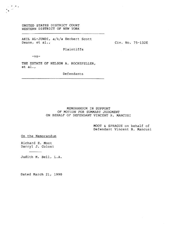 Memorandum in Support of Motion for Summary Judgment on Behalf of Defendant Mancusi in the matter of Akil Al-Jundi et al. v. Rockefeller