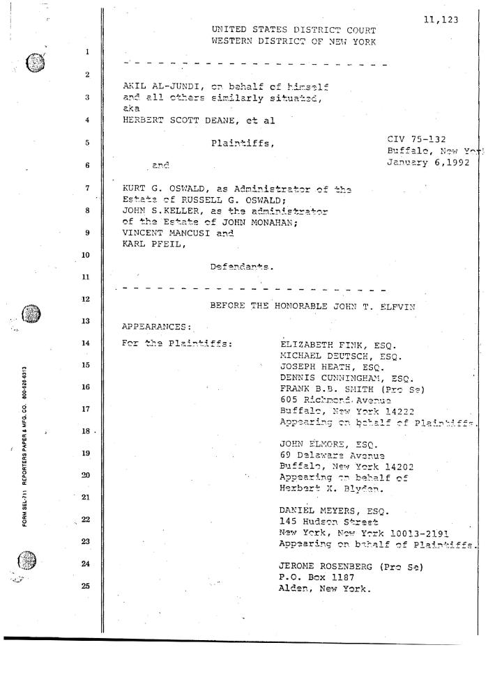 Transcript of the jury trial before the Honorable John T. Elfvin, United States District Court, Western District of New York.