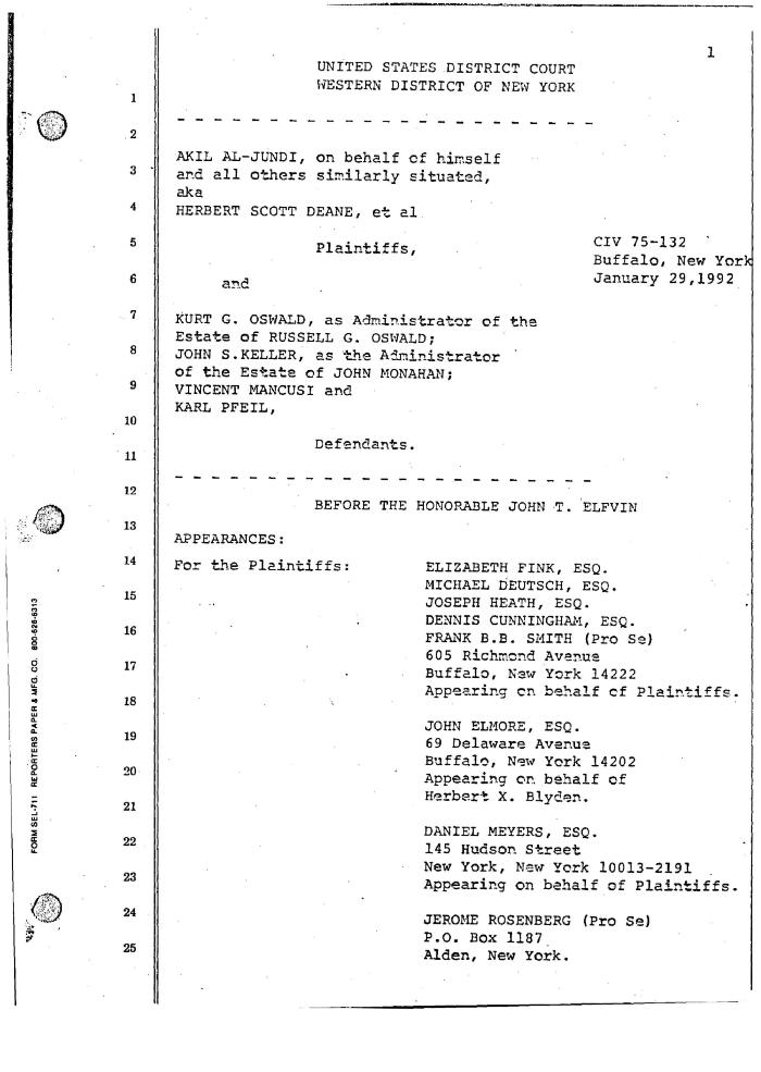 Transcript of the jury trial before the Honorable John T. Elfvin, United States District Court, Western District of New York.