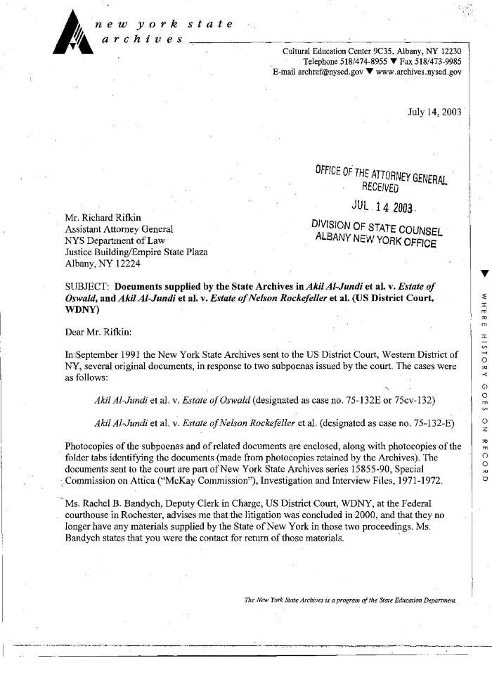 Letter from Christine Ward to Richard Rifkin Regarding Return of Subpoenaed Materials