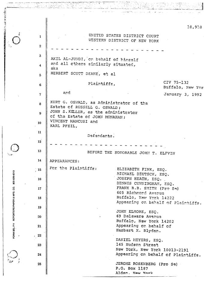 Transcript of the jury trial before the Honorable John T. Elfvin, United States District Court, Western District of New York.