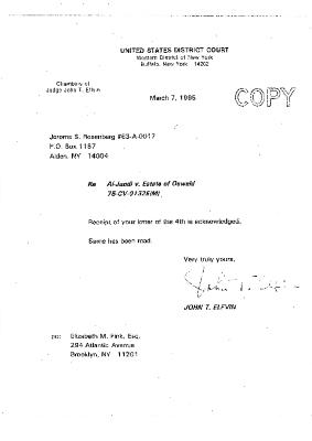 Letter from Hon. John T. Elfvin to Jerome Rosenberg Regarding Prior Correspondence