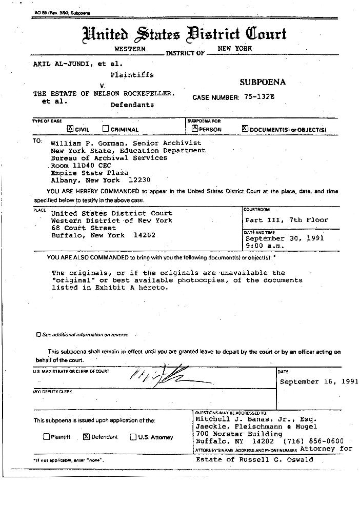 Subpoena of Documents from McKay Commission Investigation and Interview Files