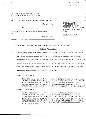 Motion to Certify a Controlling Question of the Law Pursuant to Title 28 sec. 1292(b) and for a Stay in the matter of Akil Al-Jundi, et al. vs. Rockefeller, et al.