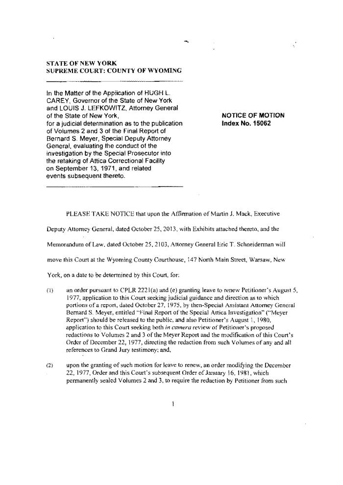 Notice of Motion of Petitioner, In the Application for a Judicial Determination as to the publication of Volumes 2 and 3 of the Meyer Report before the Honorable Patrick H. NeMoyer, State of New York Supreme Court, County of Wyoming.