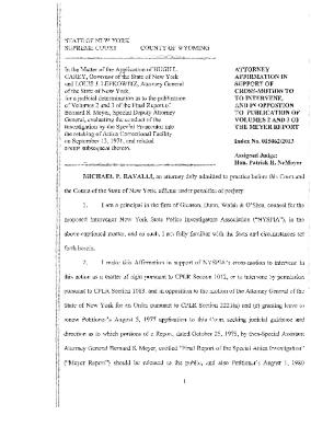 Support Affirmation of Ravalli, In the Application for a Judicial Determination as to the publication of Volumes 2 and 3 of the Meyer Report before the Honorable Patrick H. NeMoyer, State of New York Supreme Court, County of Wyoming.