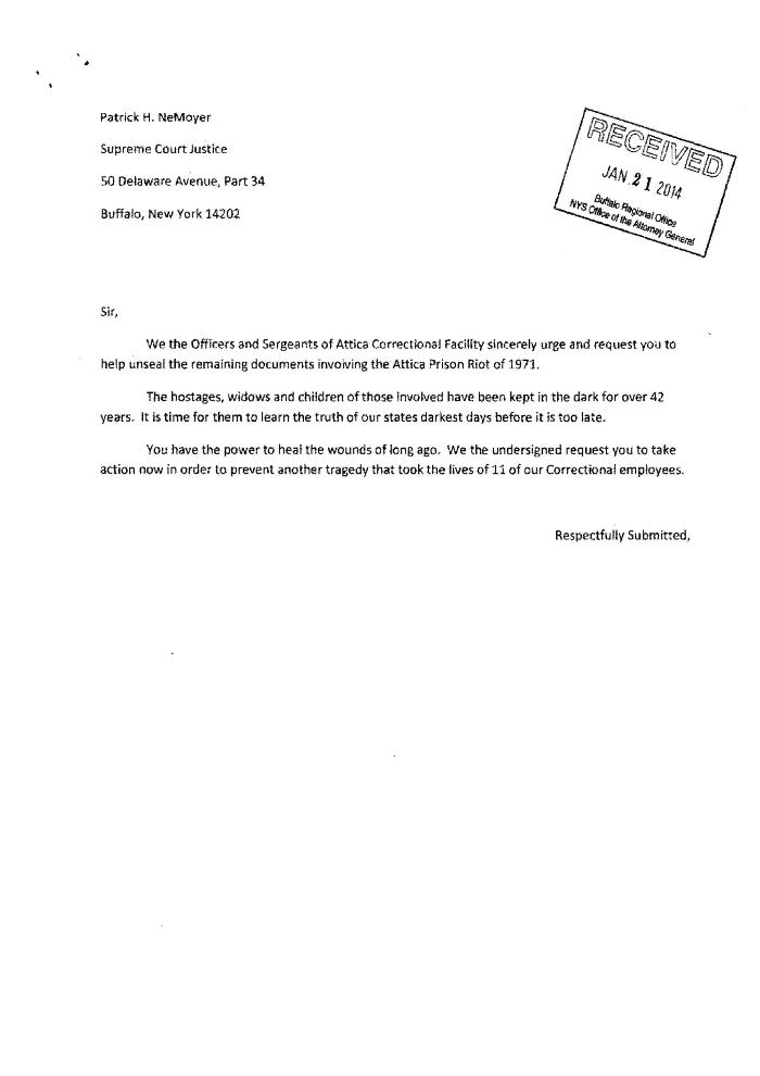 Letter from the Officers and Sergeants of Attica Correctional Facility, In the Application for a Judicial Determination as to the publication of Volumes 2 and 3 of the Meyer Report before the Honorable Patrick H. NeMoyer, State of New York Supreme Court, County of Wyoming.