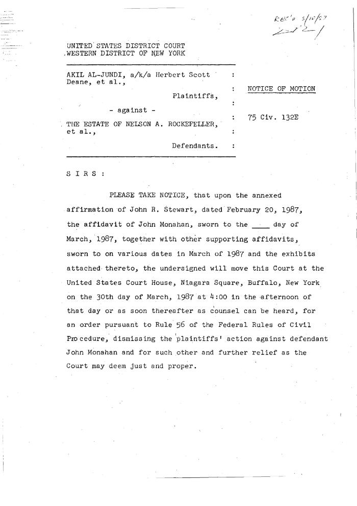 Notice of Motion and Supporting Affidavits to dismiss the plaintiffs' action against John Monahan in the matter of Akil Al-Jundi, et al. against Rockefeller, et al.