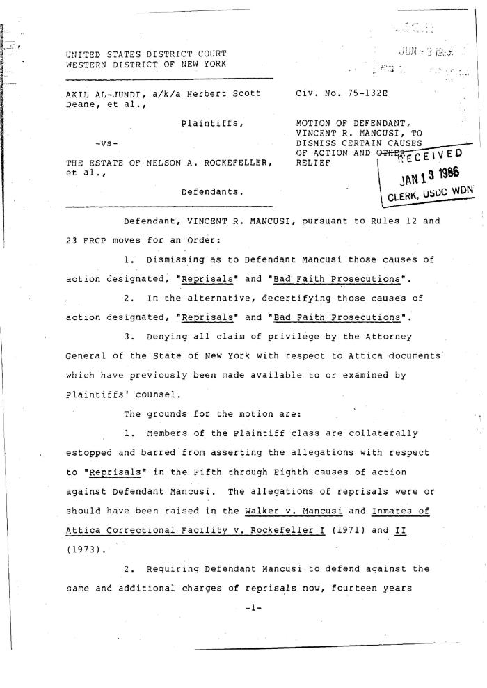 Motion of Defendant Mancusi to Dismiss Certain Causes of Action and Other Relief in the matter of Akil Al-Jundi, et al. vs. Rockefeller, et al.