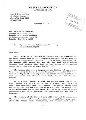 Louis B. Oliver, Jr. Letter of support for the Release and Unsealing of the Meyer Report, In the Application for a Judicial Determination as to the publication of Volumes 2 and 3 of the Meyer Report before the Honorable Patrick H. NeMoyer, State of New York Supreme Court, County of Wyoming.