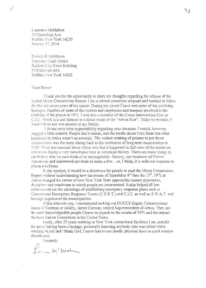 Letter from Laurence McMahon in support for the release of the Meyer Report, In the Application for a Judicial Determination as to the publication of Volumes 2 and 3 of the Meyer Report before the Honorable Patrick H. NeMoyer, State of New York Supreme Court, County of Wyoming.