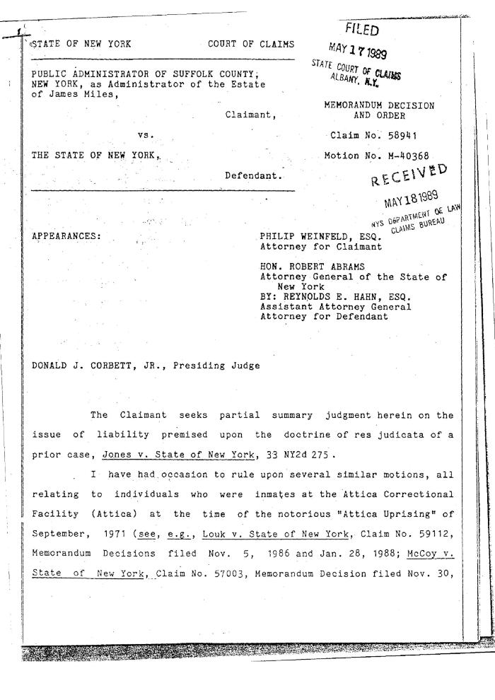 Memorandum Decision and Order of the Honorable Donald J. Corbett, Jr. concerning the Claim of James Miles, State of New York Court of Claims, Claim 58941.