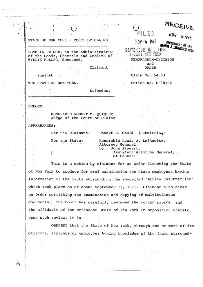 Memorandum Decision and Order of the Honorable Robert M. Quigley. concerning the Claim of Willie Fuller, State of New York Court of Claims, Claim 54953.