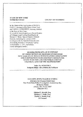 Memorandum of Law of Proposed Intervenor State Police Investigators Association, In the Application for a Judicial Determination as to the publication of Volumes 2 and 3 of the Meyer Report before the Honorable Patrick H. NeMoyer, State of New York Supreme Court, County of Wyoming.